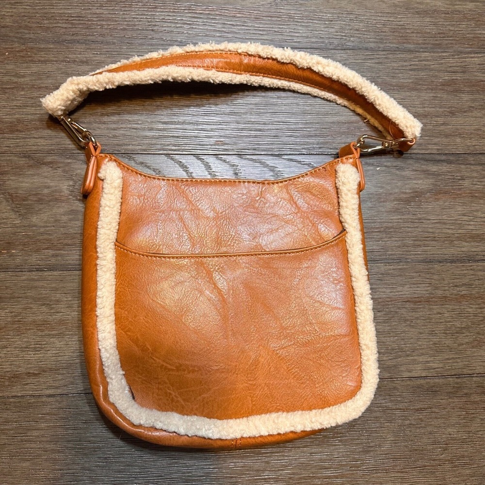 Ah-dorned Vegan Leather Messenger Bag Sherpa Trim‎ Shoulder Bag Purse Handbag